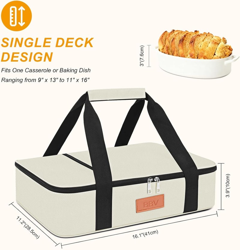 BBV Insulated Casserole Carrier for Hot or Cold Food, Food Warmer Bag Fits 9"x13" Baking Dish, Durable Nylon Leak Proof Food Containers for Travel, Potluck, Parties, Picnic, Cookouts (Beige) - Image 2